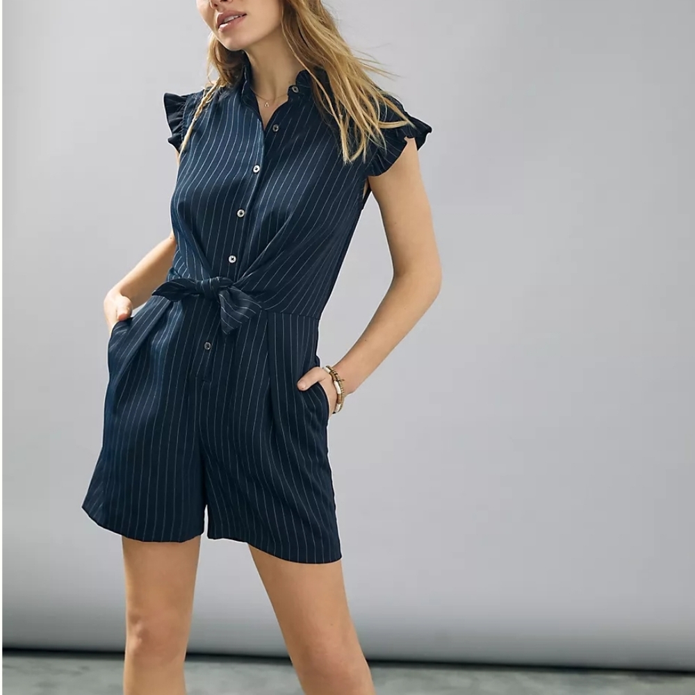 Current Air Misty Ruffled Romper Button Front Black White‎ Pinstripe Medium